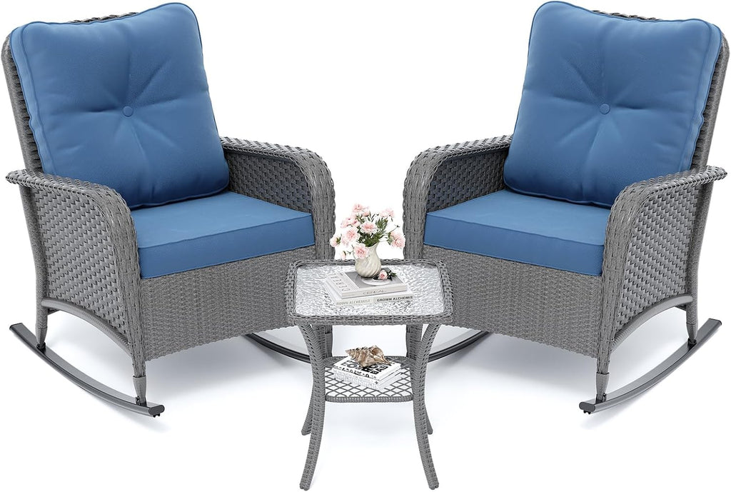 Rocking Chair Outdoor Set 2 with Table, Full Rattan Oversized Blue | 3 Piece Wicker Rocking Bistro Set with 4"