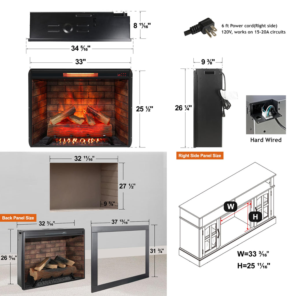 33" Electric Fireplace Insert w/Trim Kit, Hardwired or Plug-in, Realistic Crackling Sound & 4 Flame Colors, 1500W