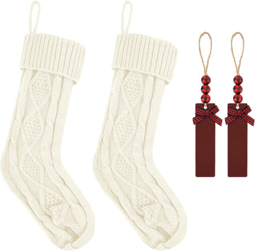 Inch Large Cable Knitted Xmas Hanging Stockings with DIY Wooden Name Tags for Family Holiday Decor (White) - Set of 2