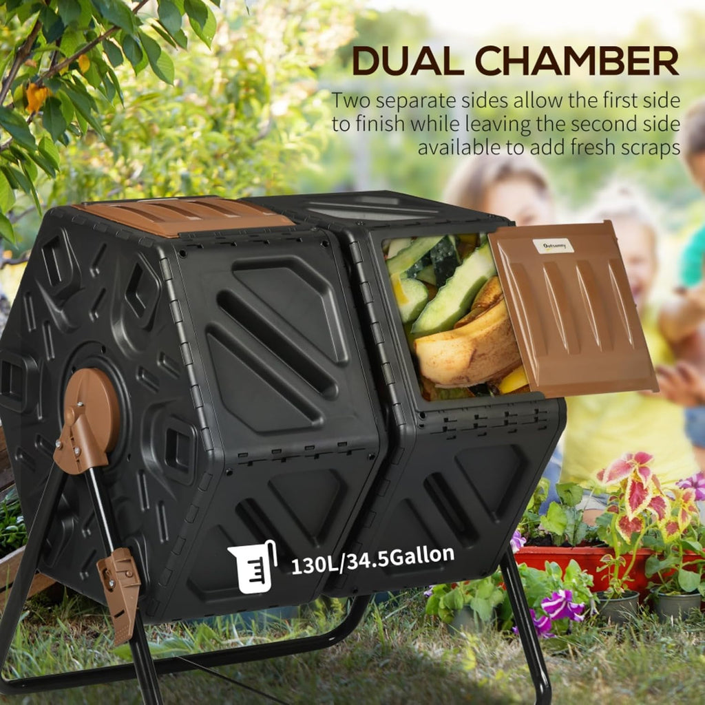 Outdoor Dual Chamber Compost Tumbler Bin with 24 Ventilation Openings and Steel Legs for Garden, Kitchen, Yard