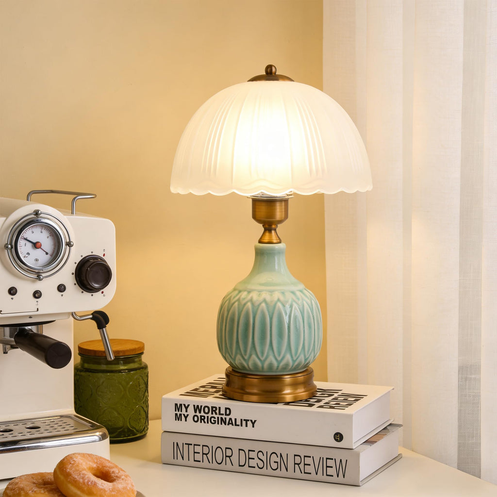 Table Lamps Ceramic Retro Lamp, 15." Modern Bedside Nightstand Traditional Lamps, Classic Chinoiserie Green Glass