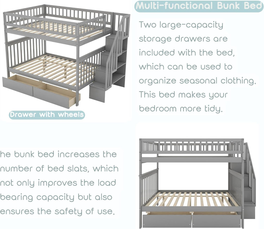 Full Over Full Bunk Beds with Stairs Stairway Bunk Bed Frame with Storage Shelves for Kids Teens Adult