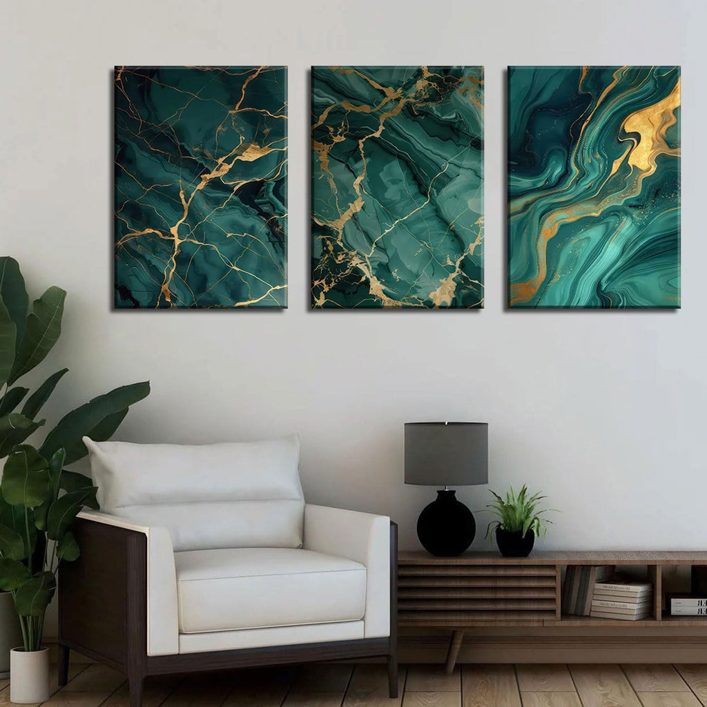 Emerald Green and Gold Canvas Wall Art Set of 3 Abstract Green Gold Marble Fluid Wall Decor Pictures Neutral Modern