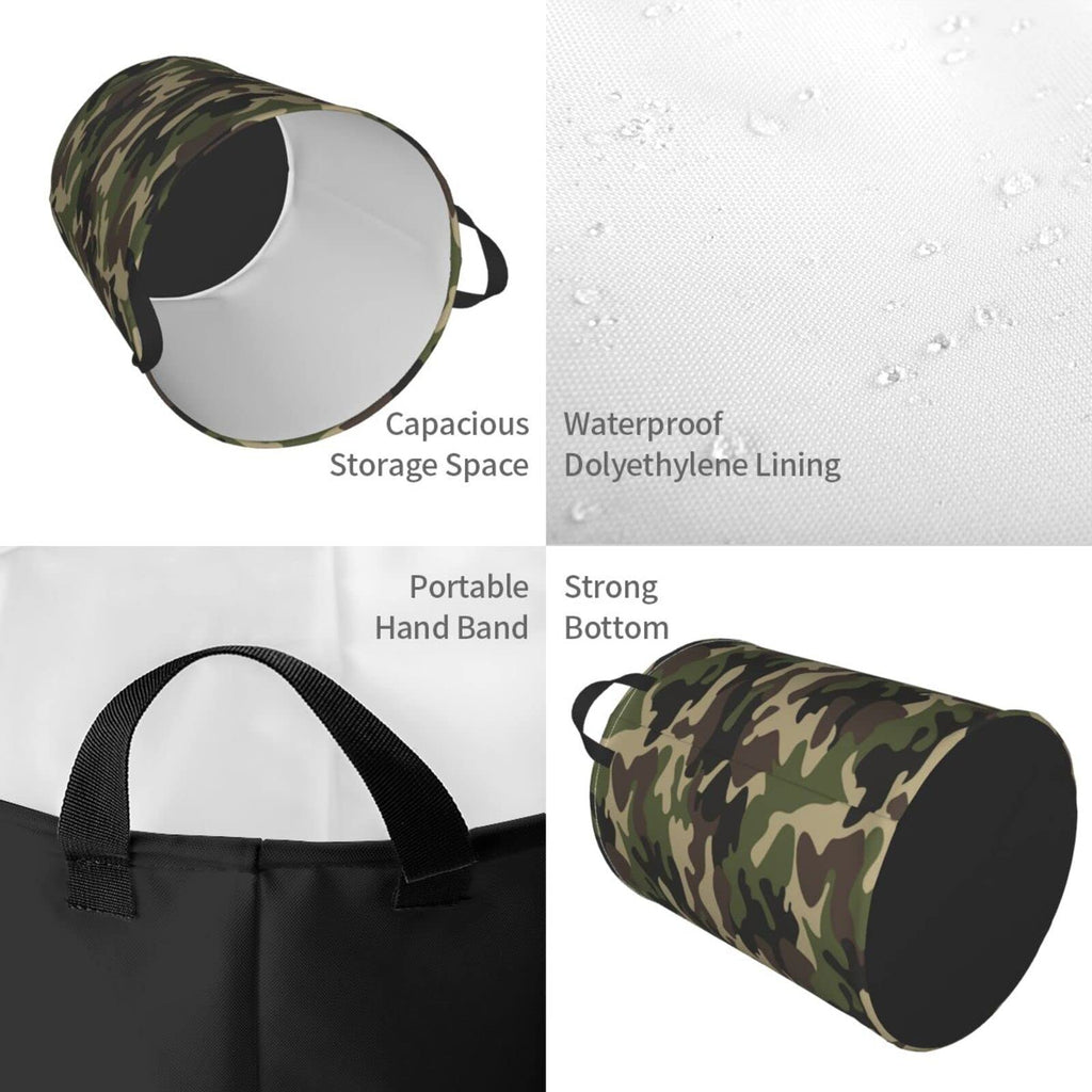 62L Round Laundry Hamper Camouflage Pattern Storage Basket Waterproof Coating Green Camo Organizer Bin Clothes Toys