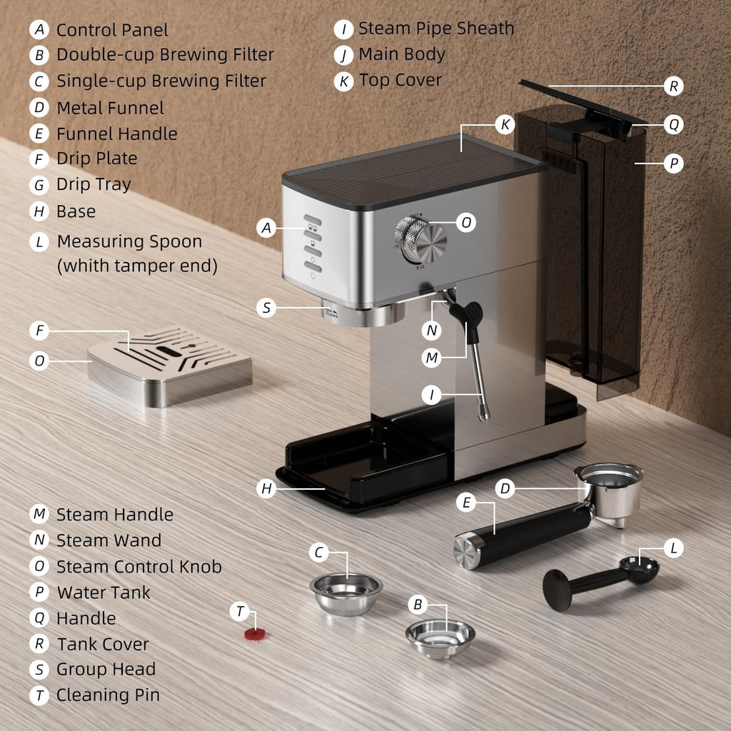 Espresso Machine with Steam Wand | 20-Bar Par Pump, Fast Cold Brew Function, 37oz Removable Water Tank, Stainless