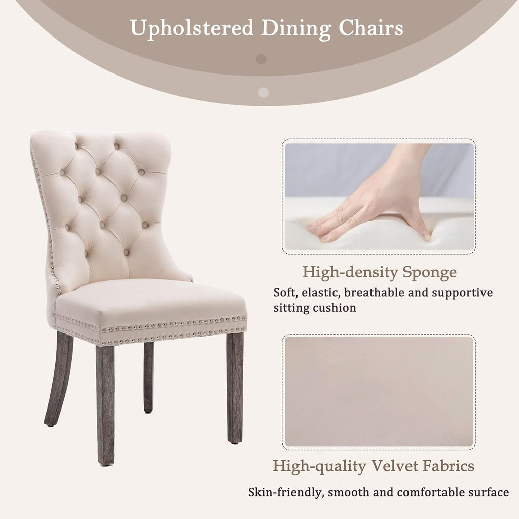 KCC Velvet Dining Chairs Set of 4, Upholstered High-end Tufted Dining Room Chair with Nailhead Back Ring Pull Trim