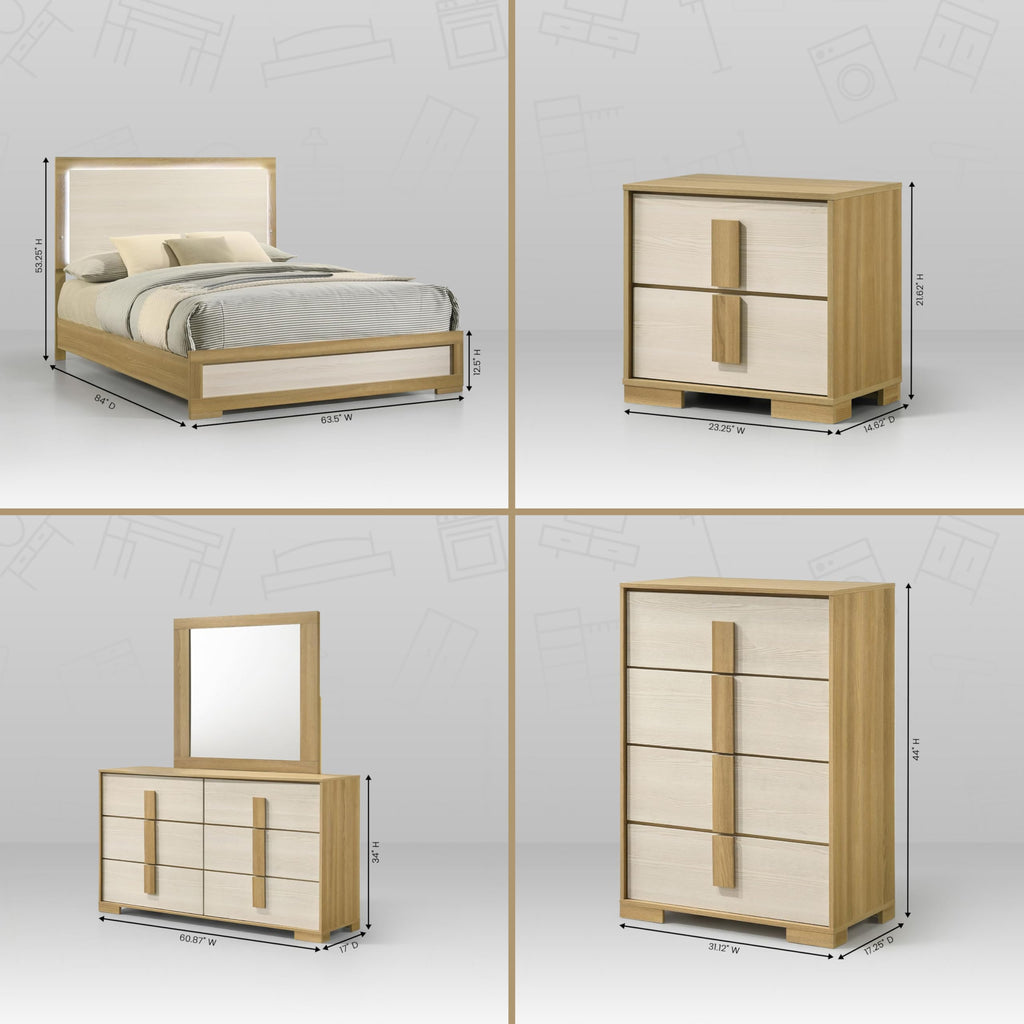 6-Piece Natural/White Bedroom Set - Bed with LED Lights, Dresser, Mirror, Chest and 2 Nightstands (Queen)