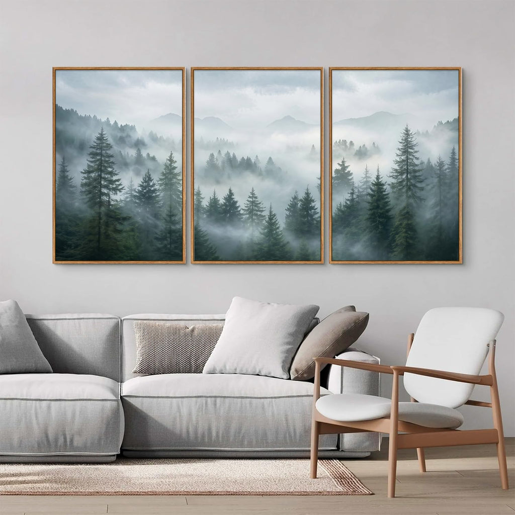 Large Misty Forest Framed Canvas Wall Art Set, Dark Green Pine Tree Artwork, Modern Nature Landscape Wall Decor