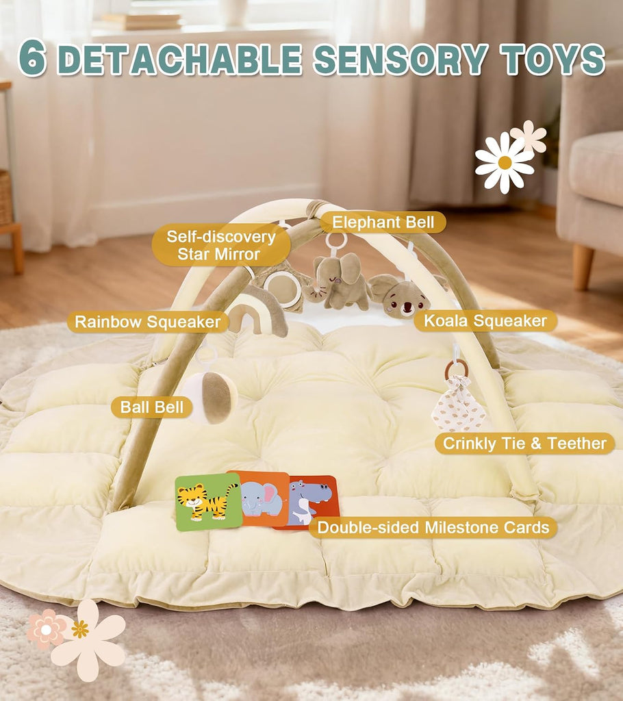 In-1 Baby Play Gym and Tummy Time Mat, 12 Learning Cards, Plush Activity Mat with 6 Toys, Baby Gym, Convertible to