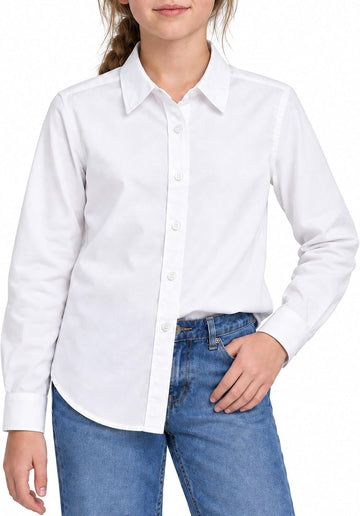 Girls White Button Down Shirt Long Sleeve School Uniform Blouse