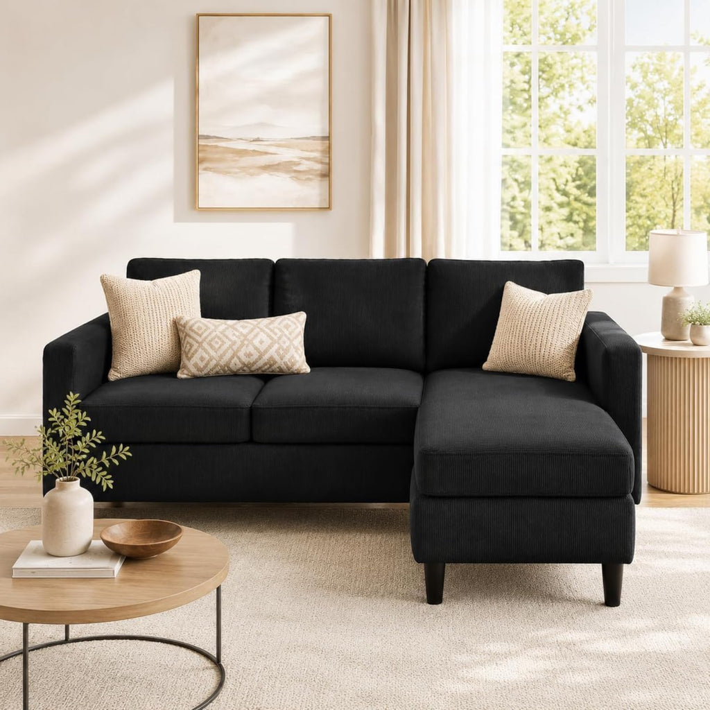 73.6" L-Shaped Small Sectional Couch with Ottoman, Black