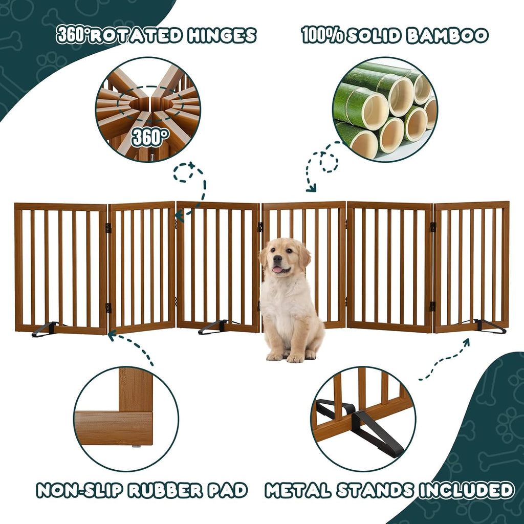 Walnut Dog Gates for Doorways, 6-Panel Freestanding Dog Gate Indoor for the House Stairs, 24" H Foldable Wooden Pet