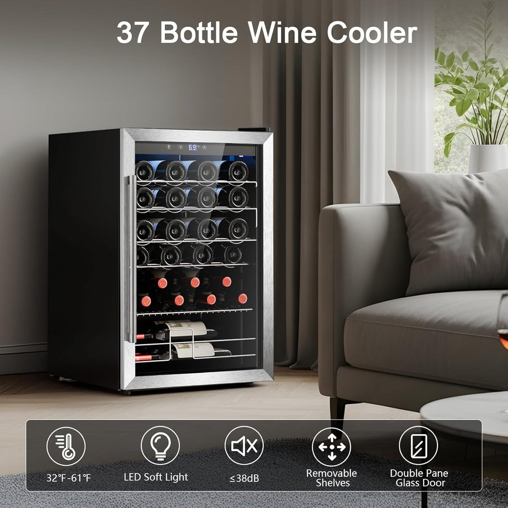 Wine Cooler Refrigerator, Freestanding Wine Fridge with Adjust Temperature（32°F-