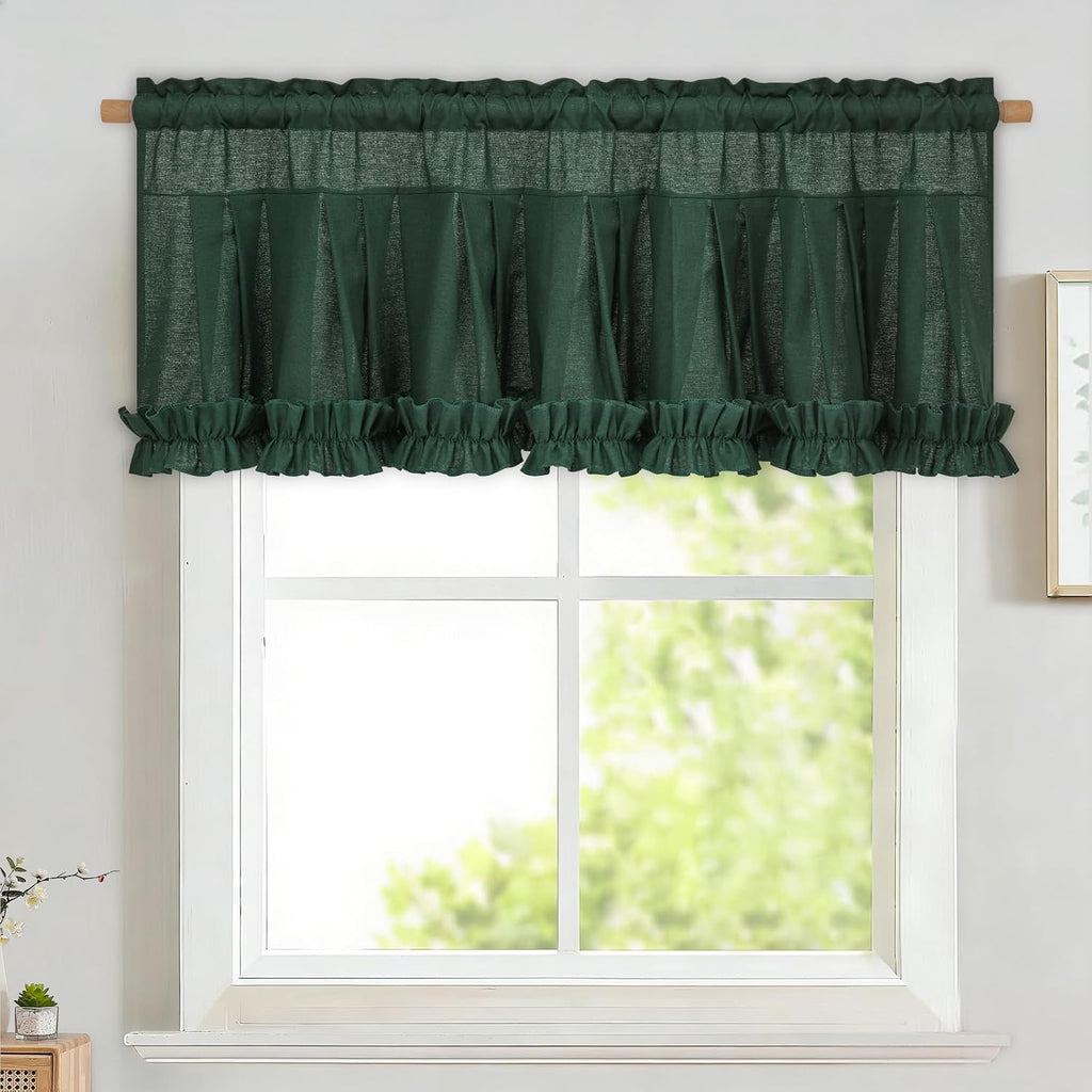 Dark Green linen ruffle valance for windows - Casa Home Living