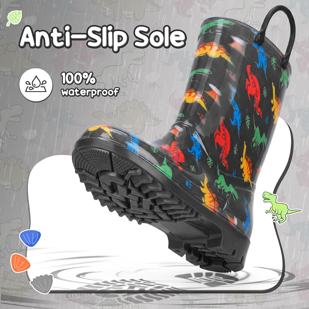 Kids Rain Boots for Boys Rain Boots Dinosaur Shark Rainboots Toddler Boy Waterproof Lightweight Easy-On Handles