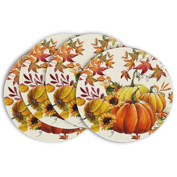 Pumpkins Maple Leaves Round Fall Placemats Set of 4-14 Inch
