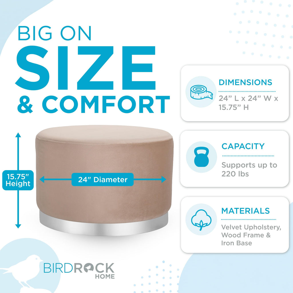 Large Round Velvet Ottoman Pouf - Soft Padded Foot Rest with Silver Trim - Upholstered Foot Chair, Coffee Table