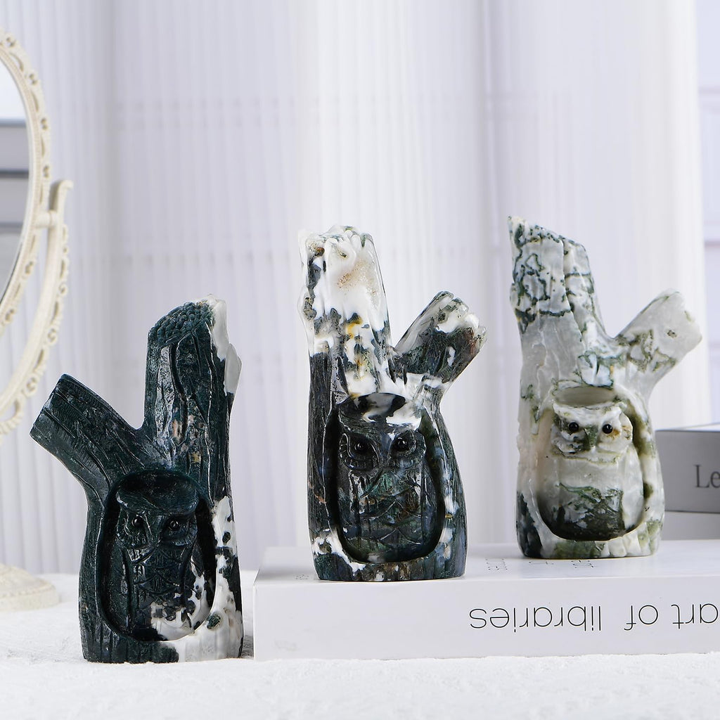 Natural Crystal Hand-Carved Tree Hole Owl Statues Hand Carved Reiki Healing Stone Statue Healing Home Office Art Room