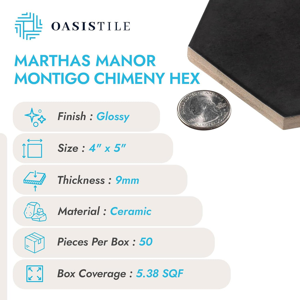 Oasis Tile Marthas Manor Montigo Chimeny Hex | 4x5 Glossy Ceramic Tile | Sleek black glossy hexagon ceramic for