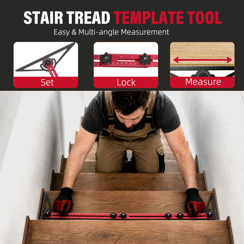 Stair Tread Template Tool, 8"-52" Jig Stair Gauge, Double-Ended Solid Nut Locking Stair Tread Jig, Aluminium Alloy