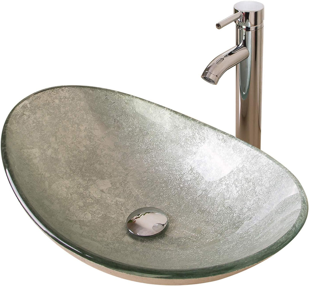 21.7"L × 14.2"W × 6.3"H Tempered Glass Vessel Sink Set - Boat-Shaped Wash Bowl with Chrome Faucet & Pop-Up Drain Stopper