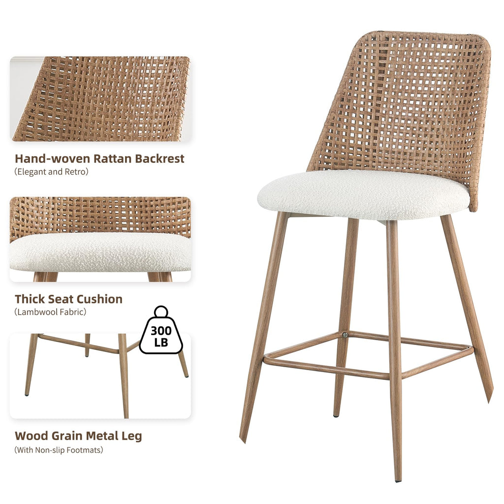 Rattan Bar Stools Set of 2, Modern Upholstered Counter Height Bar Stools with PE Rattan Back, 26" H Seat Height Bar