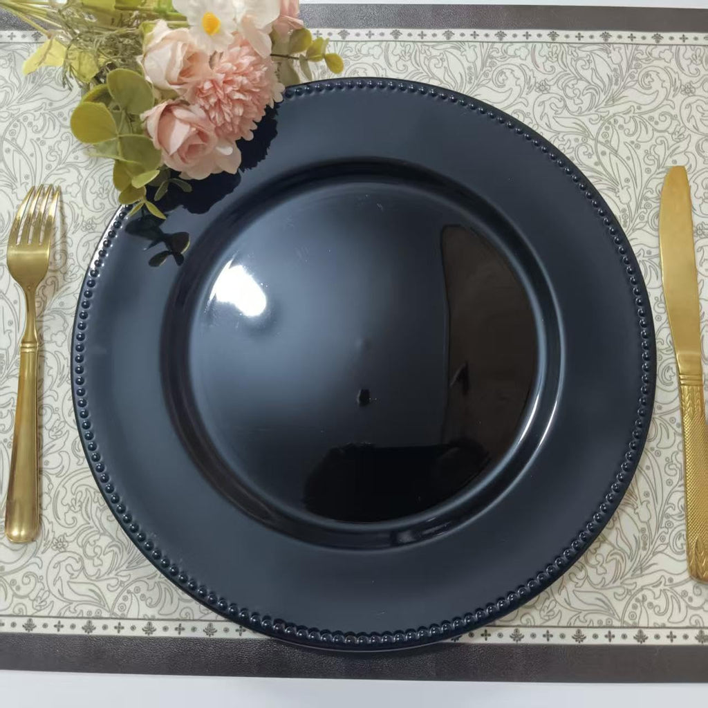 6 Pcs Elegant Plastic Beaded Charger Plates - Round Black Wedding Party Dinner Decorative Plate Set, Durable for