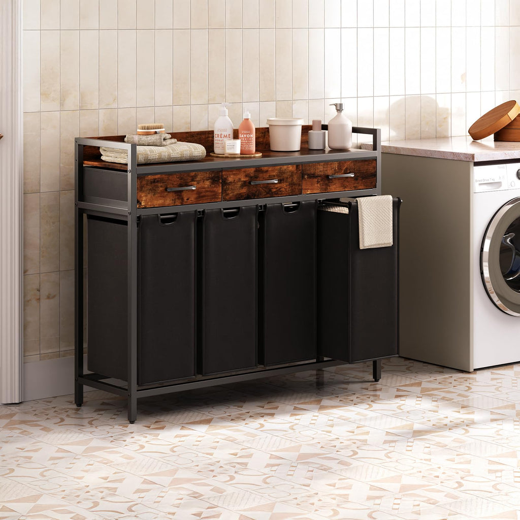 Laundry Sorter 4 Section Laundry Hamper with Shelf, Durable 4 Section Laundry Basket with Rolling Wheels & Storage
