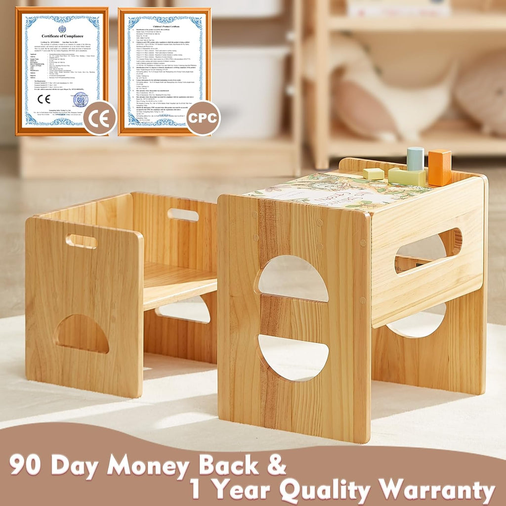 Height Adjustable Montessori Table and Chair Set for Age 1-3, Solid Wood Toddler Table and Chair Set, Weaning Baby
