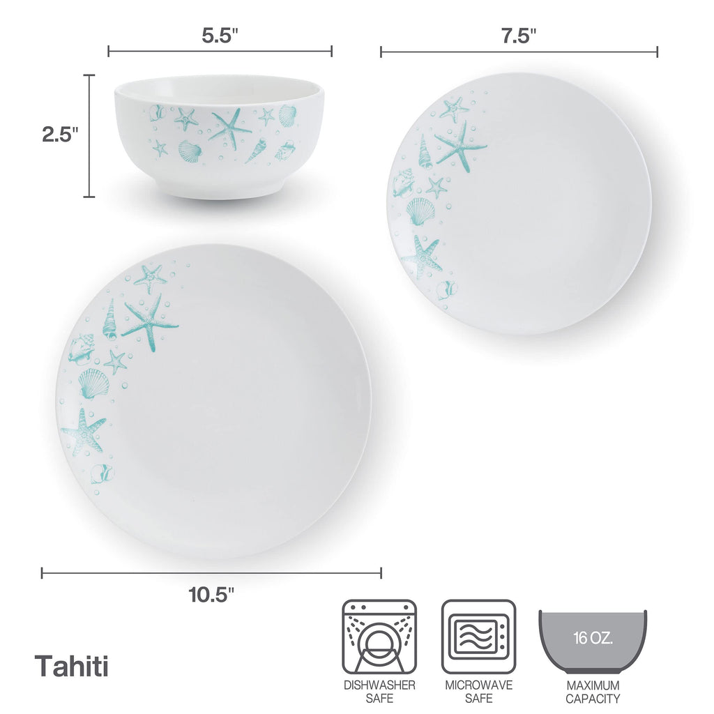 Tahiti Coastal 12 Piece Dinnerware Set, Service for 4, Multicolored Stoneware Plates and Bowls with Vibrant Coastal
