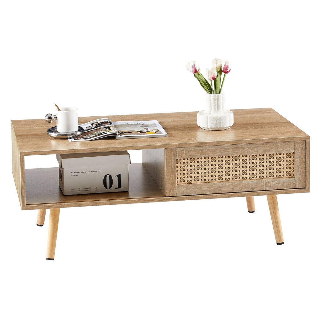Modern Coffee Table with Storage, 41.3 Inch Rectangle Wooden Accent Center Sofa Table with Sliding PE Rattan Woven