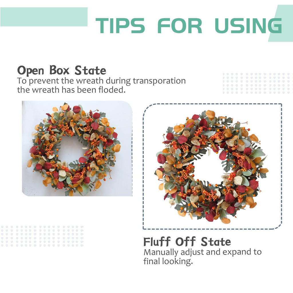 24 Inch Fall Wreath with Berries Eucalyptus for Front Door