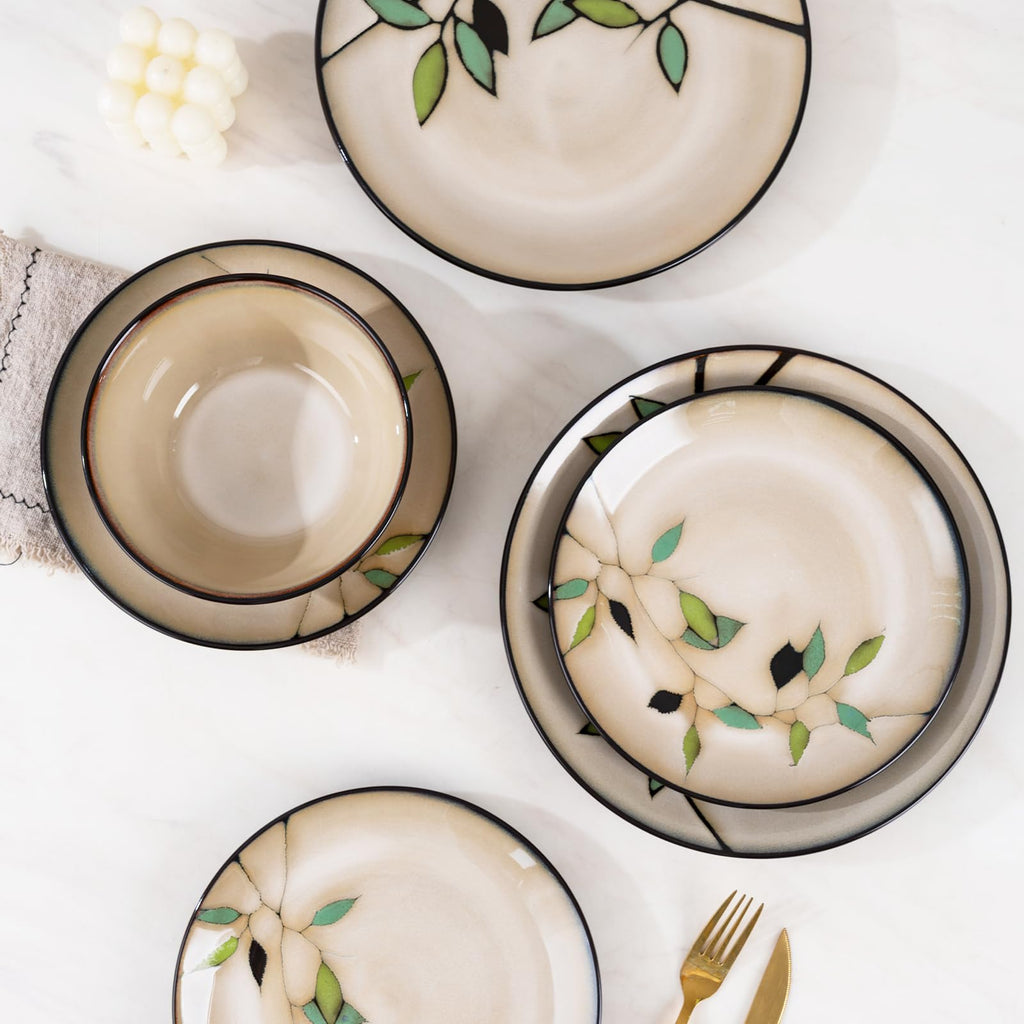 Bamboo Leaf Ceramic Dinner Plates Set of 12, Porcelain Dinnerware for Steak/Salad/Pasta/Dessert, Perfect , Party