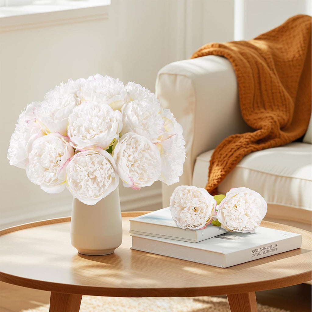 Heads Artificial Peonies Silk Flowers Bouquet Cream White - Set of 10