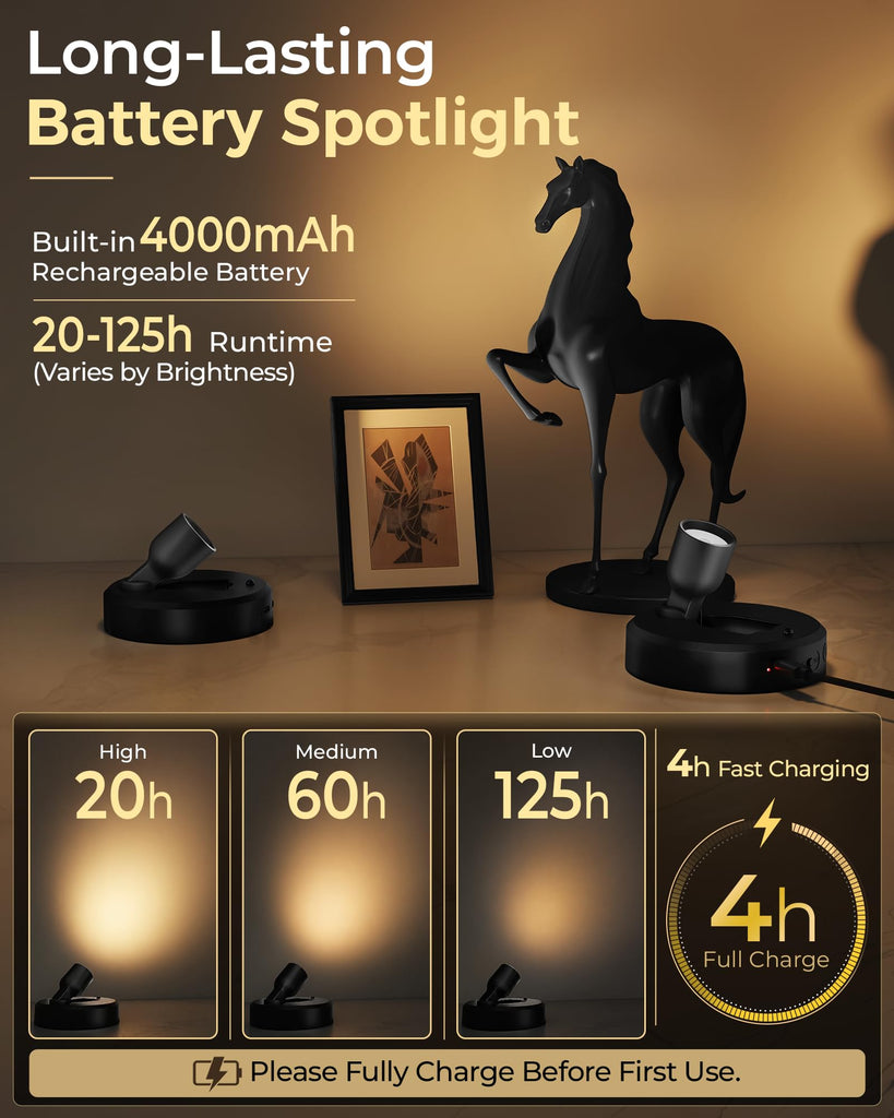 Spotlight Indoor, Rechargeable Battery Picture Lights, Wireless Uplights with Remote, Dimmable, ⁠3 Color
