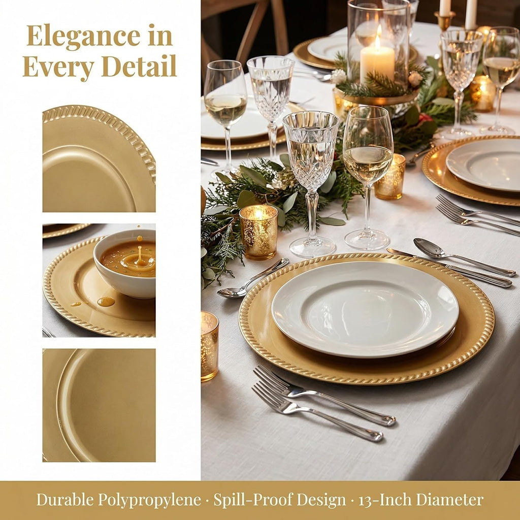Plastic Gold Charger Plates, 13 Inch Reusable Round Beaded Charger Plates, Decorative Dinner Chargers Bulk - Set of 12