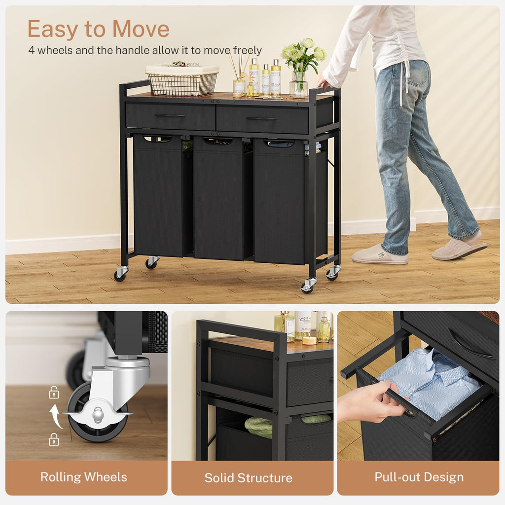 Sorter 3 Section, 120 L Laundry Hamper with 2 Drawers & 2-tone Top Panel, Rolling Laundry Basket Organizer with