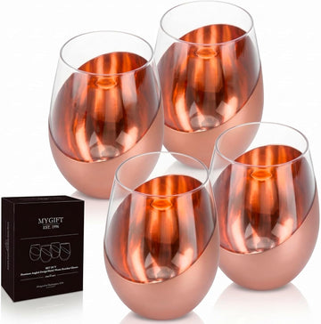 Stemless Wine Glasses Set of 4 - Copper Accent Modern Barware, Elegant Wedding & Celebration Cups with Luxe Metallic