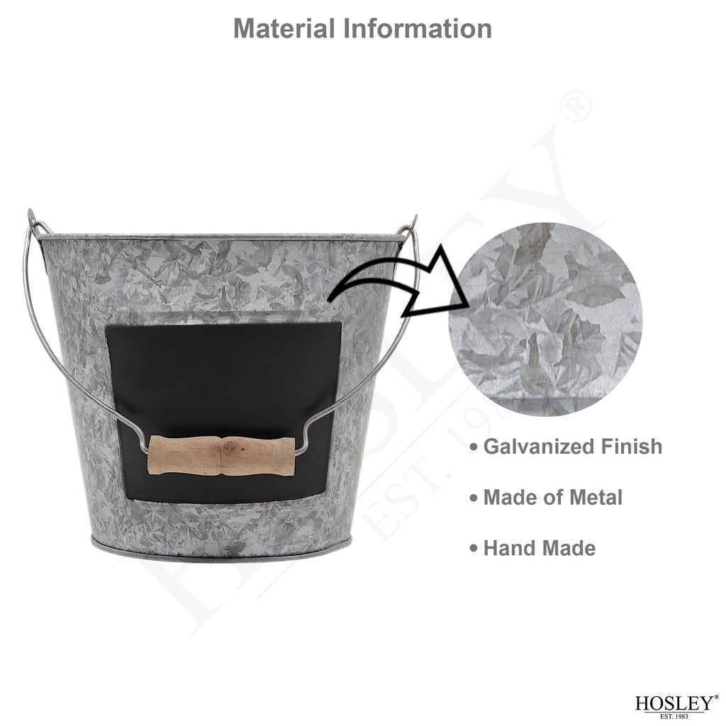 Galvanized Metal Chalkboard Bucket with Wooden Handle 7 Inch Dia - Set of 8 Rustic Farmhouse Floral Planter, Ideal