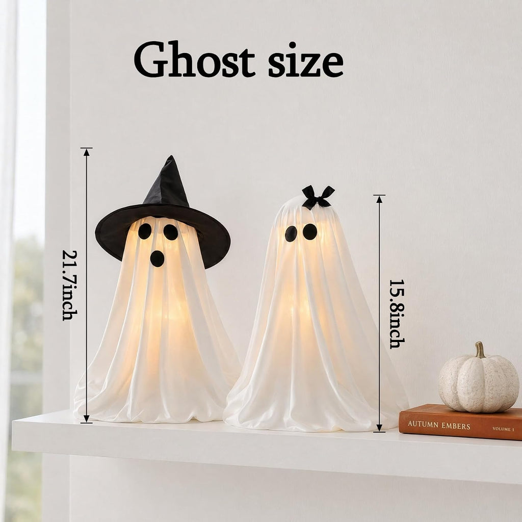 Halloween Decorations Light-Up Ghosts with Witch Hats, Indoor Ghost Decor - Set of 2