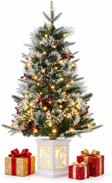 3 Ft Pre-Lit Christmas Tree, Artificial Christmas Tree with Base, Xmas Tree with Timer, Christmas Decoration , Easy
