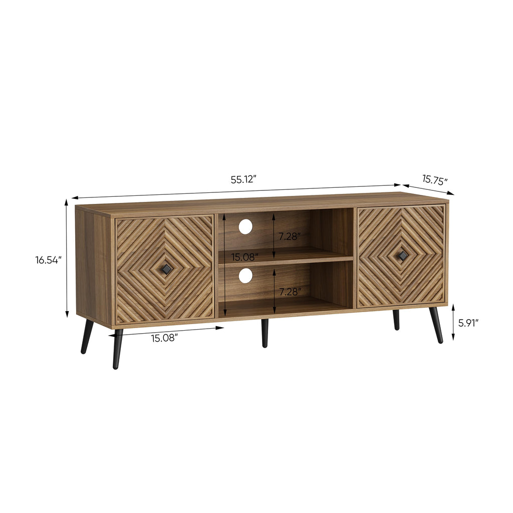 Walnut TV Stand with Fluted Diamond Doors, 55.12" Mid Century Modern TV Media Console for TVs up to 65", TV Cabinet