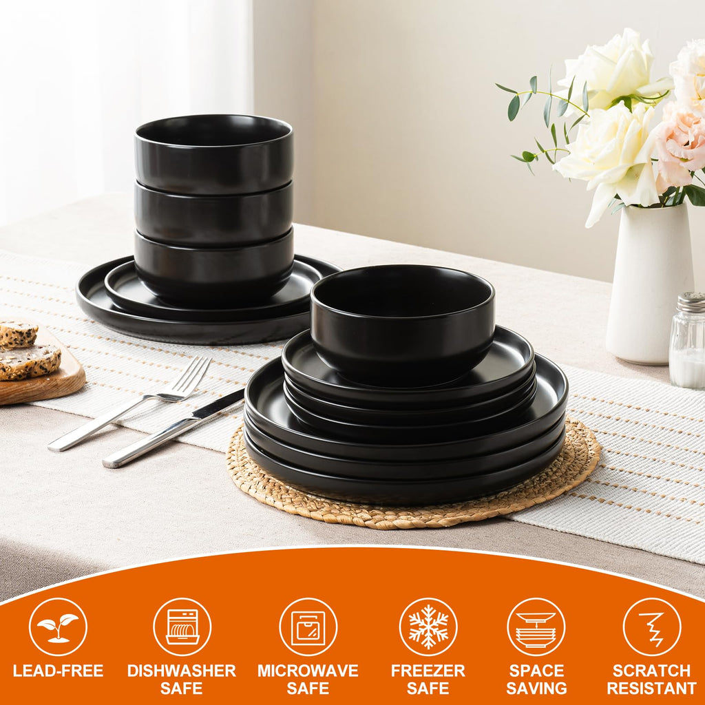 Plates and Bowls Sets, 12 Pieces Ceramic Dinnerware Set for 4, Stoneware Dishware Dishes Set, Scratch Resistant