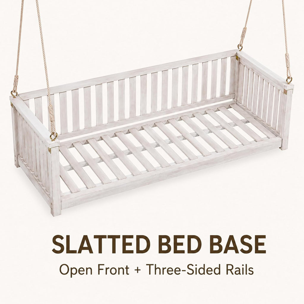 Outdoor Porch Swing Bed, Twin Size Acacia Wood Daybed (White) | Acacia Wood Frame, Hemp Ropes, Fits Twin Mattress