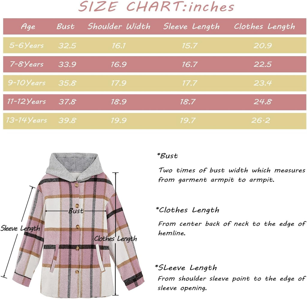 Girls Flannel Plaid Button Down Top with Pockets Long Sleeve Hooded Jackets Length Below Hip Circumference