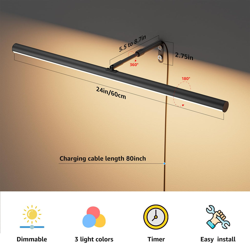 24" Plug in LED Picture Light, 9W Black Remote Control Wall Light