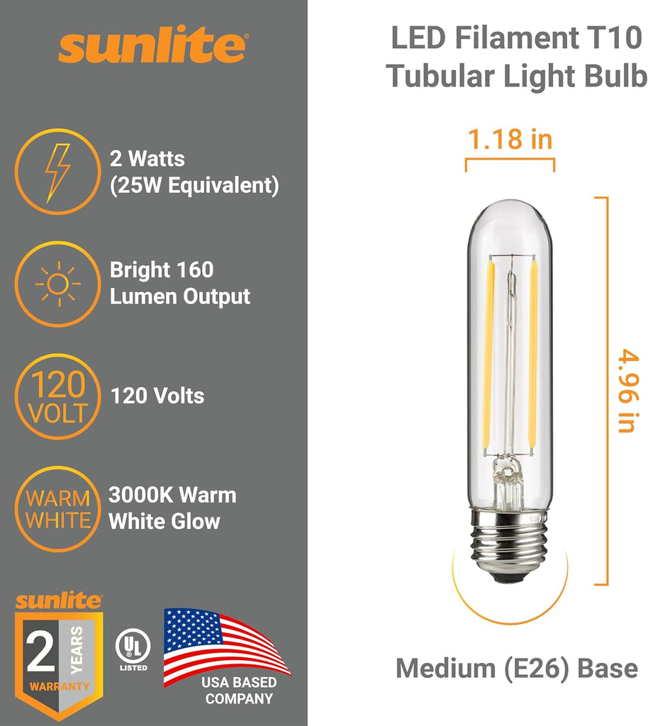 LED Filament T10 Tubular Light Bulb, 2 Watts (25W Equivalent), 160 Lumens, Medium E26 Base, 120 Volts, Dimmable, 90
