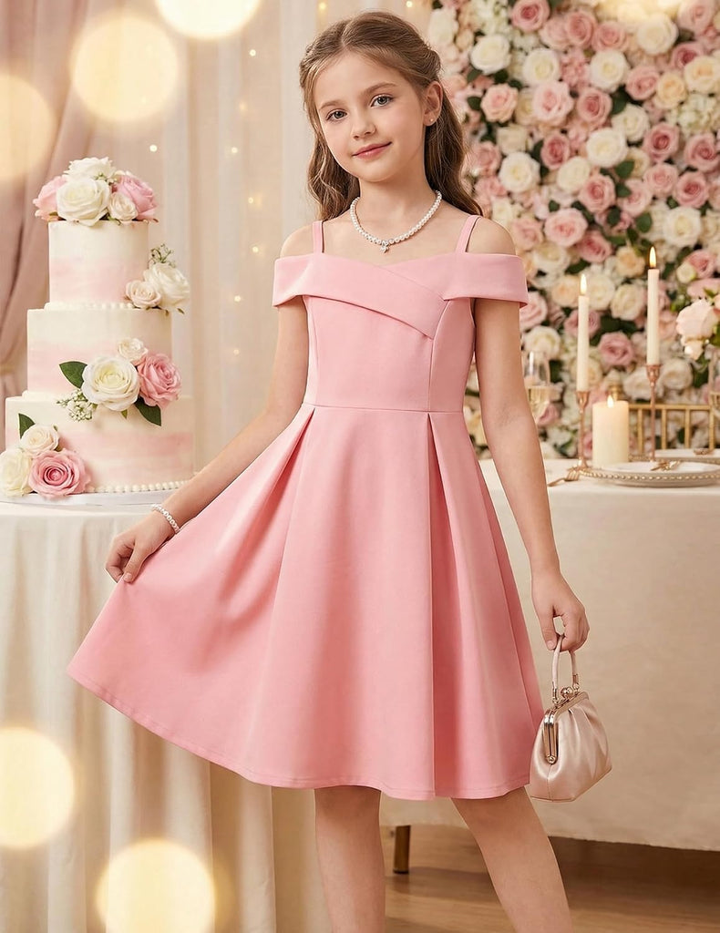 Girls Summer Dress Off Shoulder Fold Pleated Formal Elegant Dress