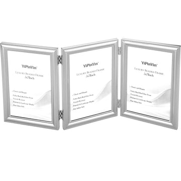 Elegant Silver Plated 5x7'' Hinged Triple Metal Picture Frame, 3-5x7'' Mutli College Frames with Classic Beaded