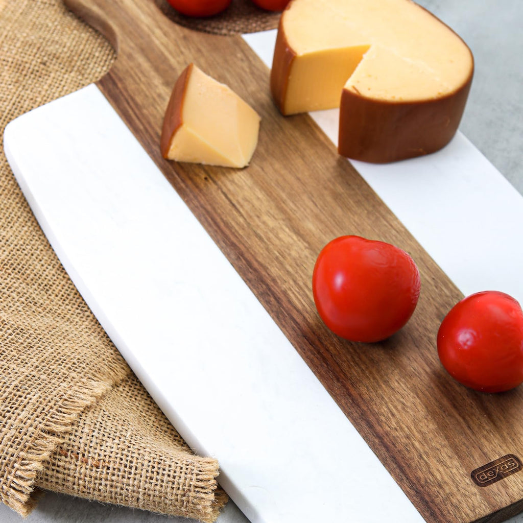 White Marble and Acacia Wood Charcuterie Board - 15.75 x 8.5 Serving Platter - Cheese, Meat & Appetizer Tray